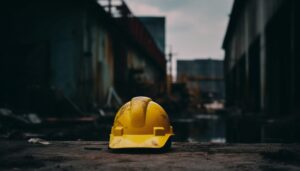 A yellow hard hat sitting on the ground with a dark background