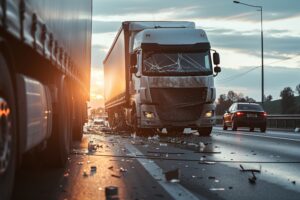 A damaged lorry is stopped on a motorway. 