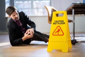 A man is on the floor clutching his knee by a wet floor sign. 