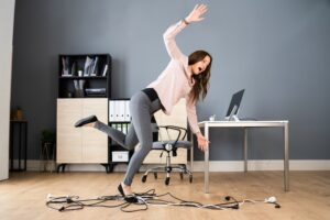 A woman trips over a wire at her desk. 