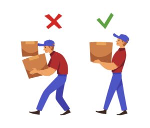 A cartoon drawing of a man holding boxes in an incorrect manner and then in a correct manner.